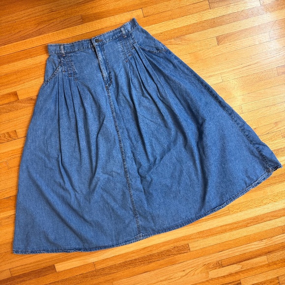 American Vintage Dresses & Skirts - Vintage 80s High-Waisted Midi Denim Skirt – Full A-Line
